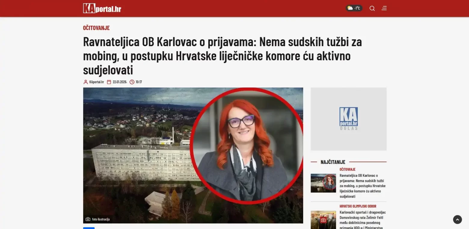 Ivana Kovačić, ravnateljica OB Karlovac: Sudjelovat ću u disciplinskom postupku